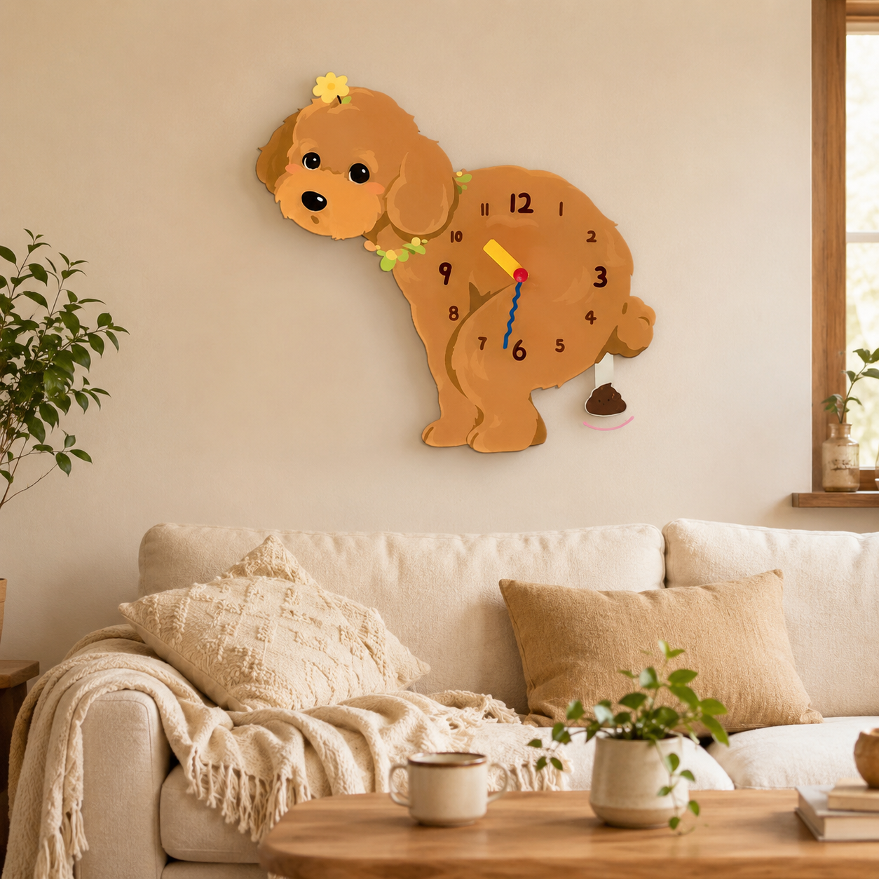 Brown Teddy Poodle wall clock with swinging poop pendulum in a cozy room scene