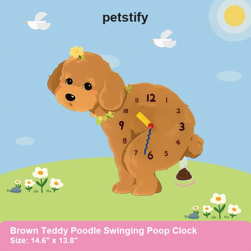 Brown Teddy Poodle Wall Clock with Swinging Poop Pendulum detail showing clock hands and swinging poop pendulum