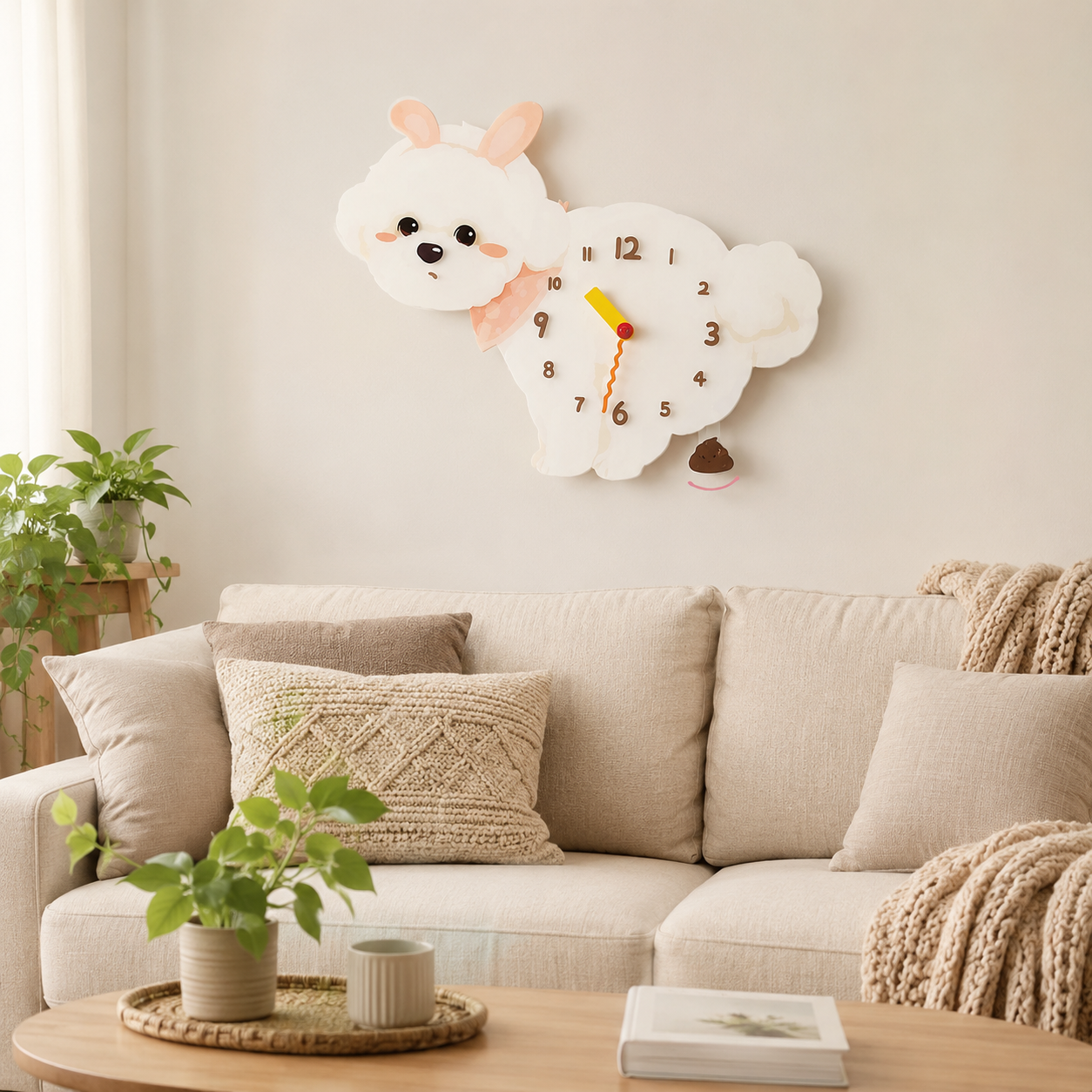 Bunny Bichon Frise wall clock with swinging poop pendulum in a cozy room scene