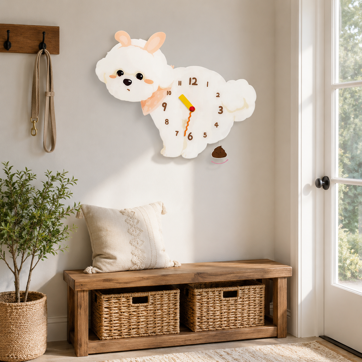 Bunny Bichon Frise acrylic dog clock with playful pendulum room mockup