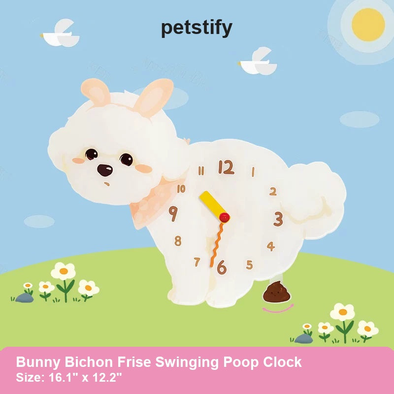 Bunny Bichon Frise Wall Clock with Swinging Poop Pendulum detail showing clock hands and swinging poop pendulum