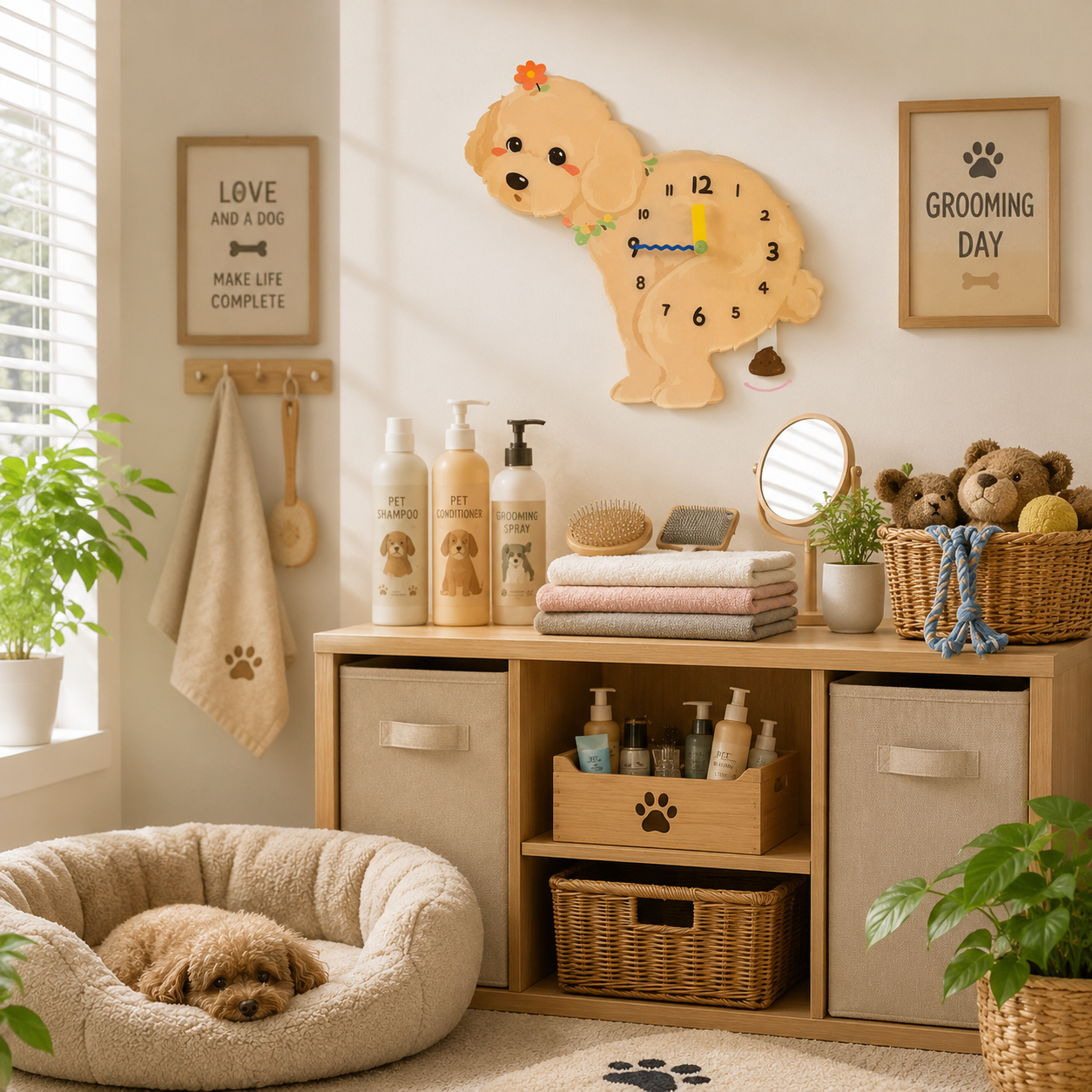 Champagne Teddy Poodle wall clock with swinging poop pendulum in a cozy room scene