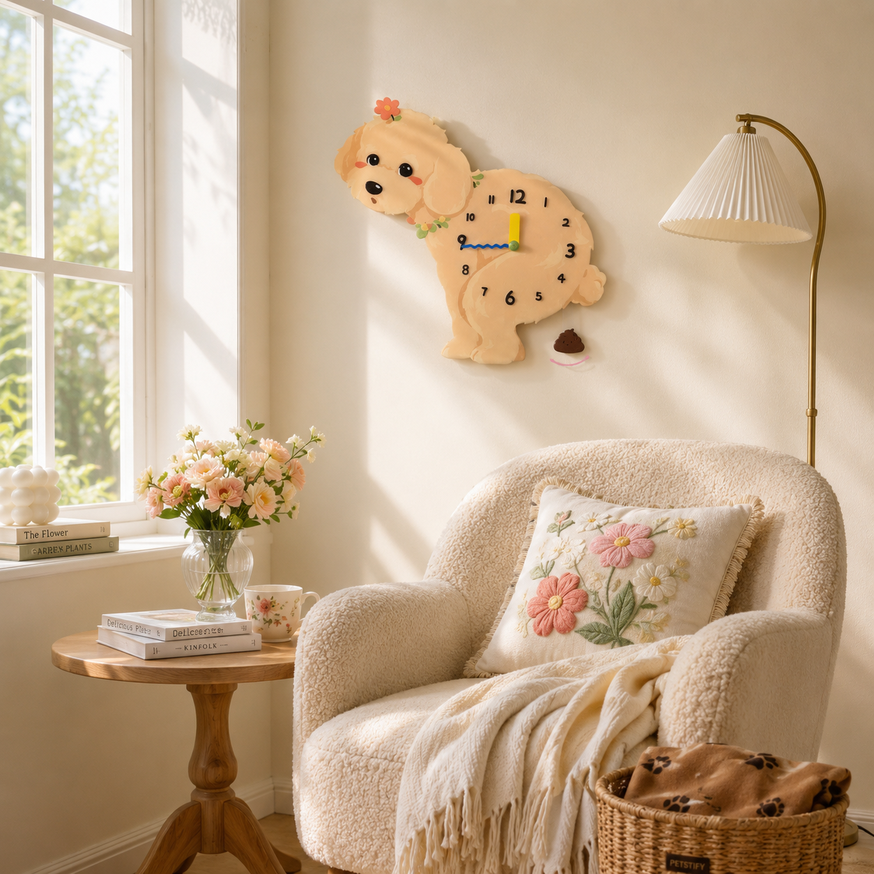 Champagne Teddy Poodle acrylic dog clock with playful pendulum room mockup