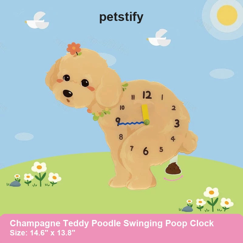 Champagne Teddy Poodle Wall Clock with Swinging Poop Pendulum detail showing clock hands and swinging poop pendulum
