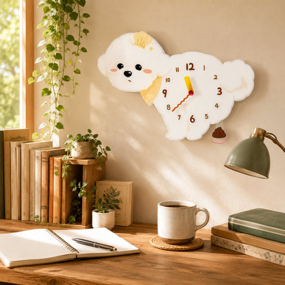 Bichon Frise dog lover gift wall clock with chef theme and swinging poop pendulum