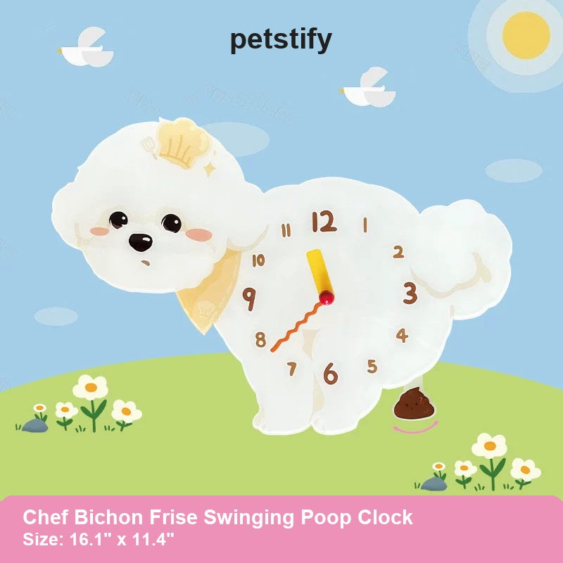 Chef Bichon Frise Wall Clock with Swinging Poop Pendulum detail showing clock hands and swinging poop pendulum