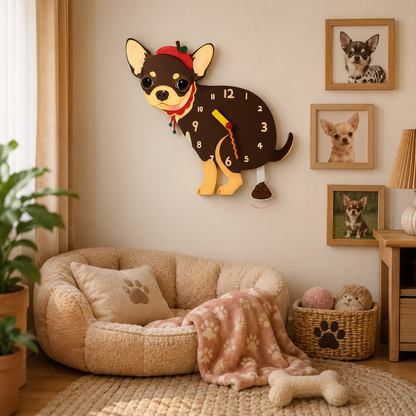 Chocolate Chihuahua wall clock with swinging poop pendulum in a cozy room scene