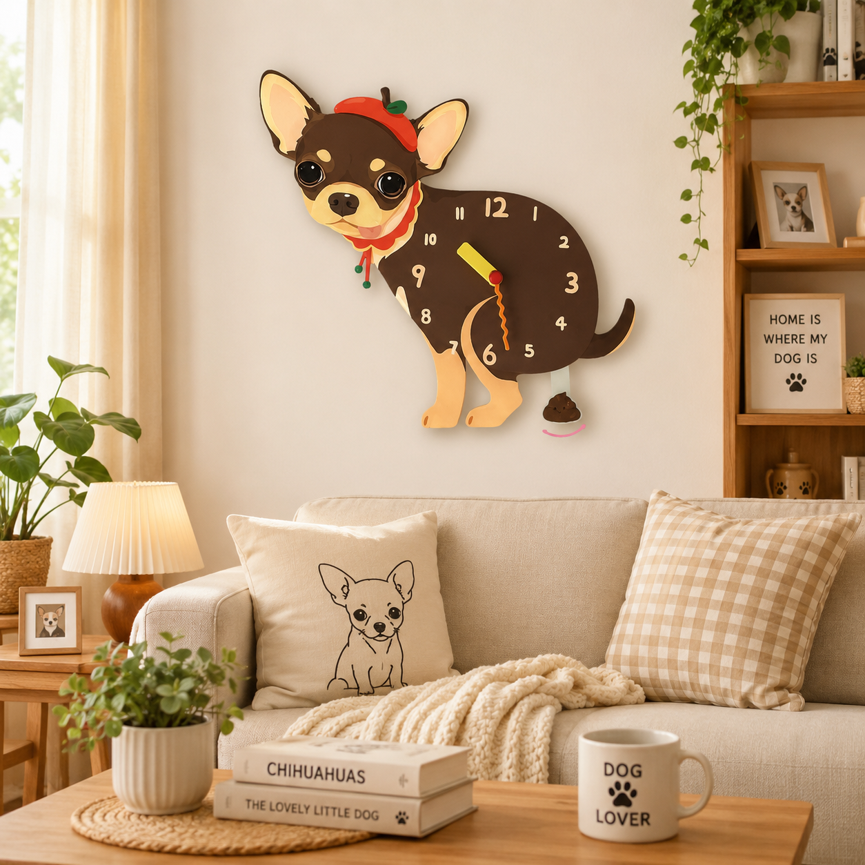 Chocolate Chihuahua acrylic dog clock with playful pendulum room mockup