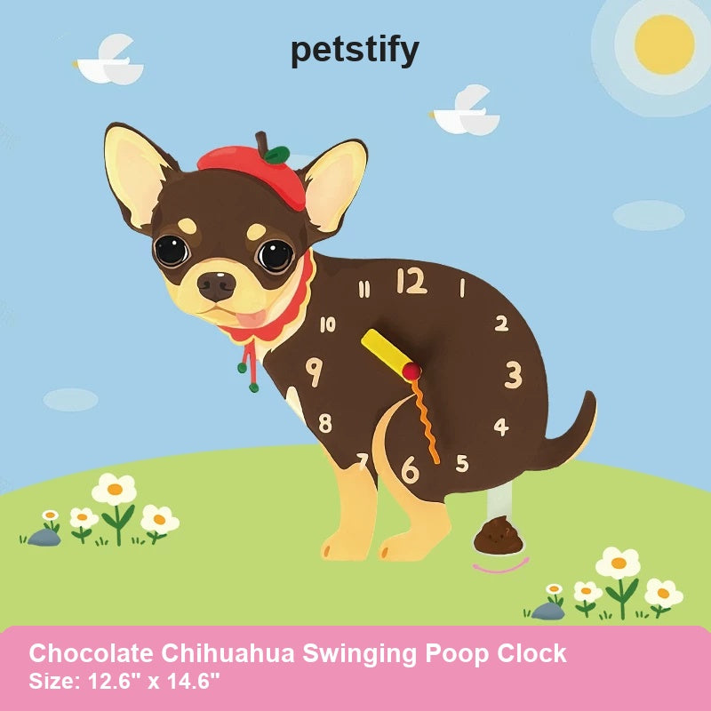 Chocolate Chihuahua Wall Clock with Swinging Poop Pendulum detail showing clock hands and swinging poop pendulum