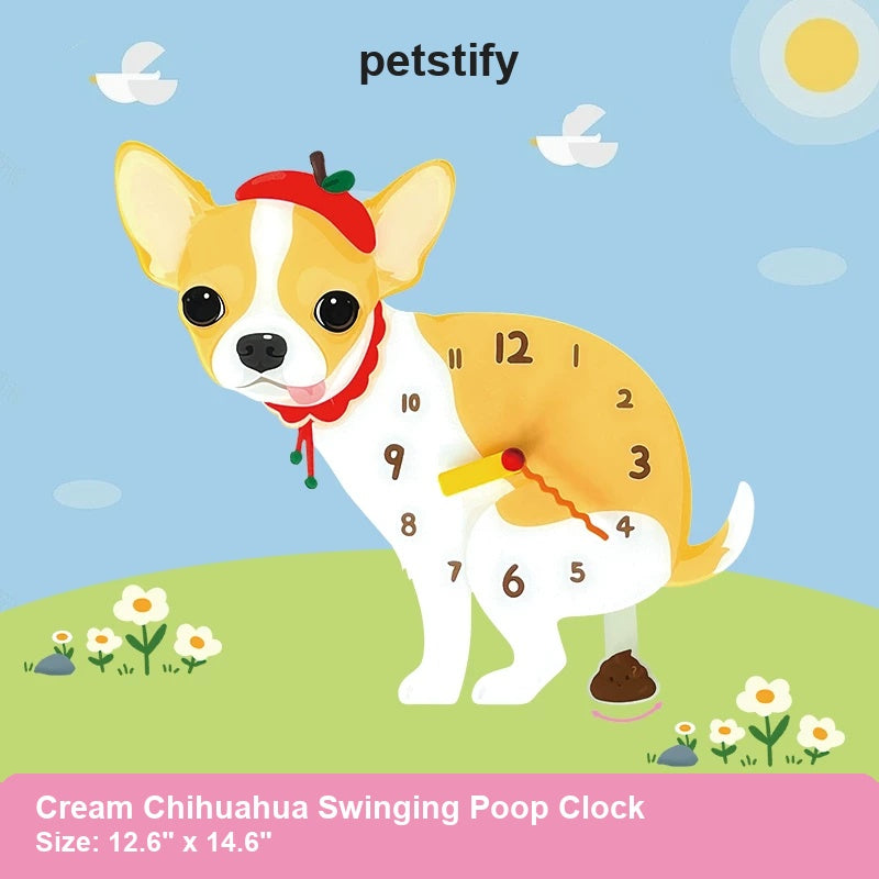 Cream Chihuahua Wall Clock with Swinging Poop Pendulum
