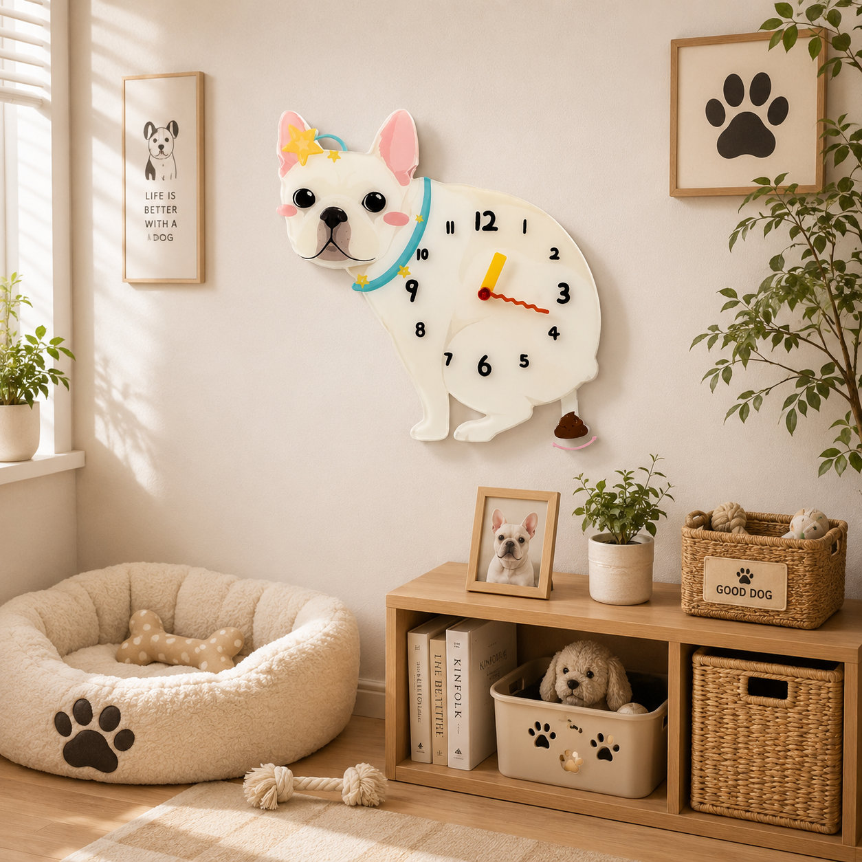 Cream French Bulldog wall clock with swinging poop pendulum in a cozy room scene