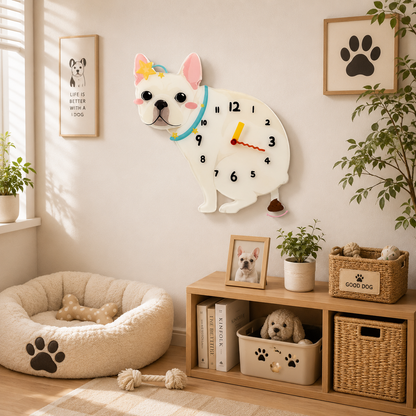 Cream French Bulldog wall clock with swinging poop pendulum in a cozy room scene