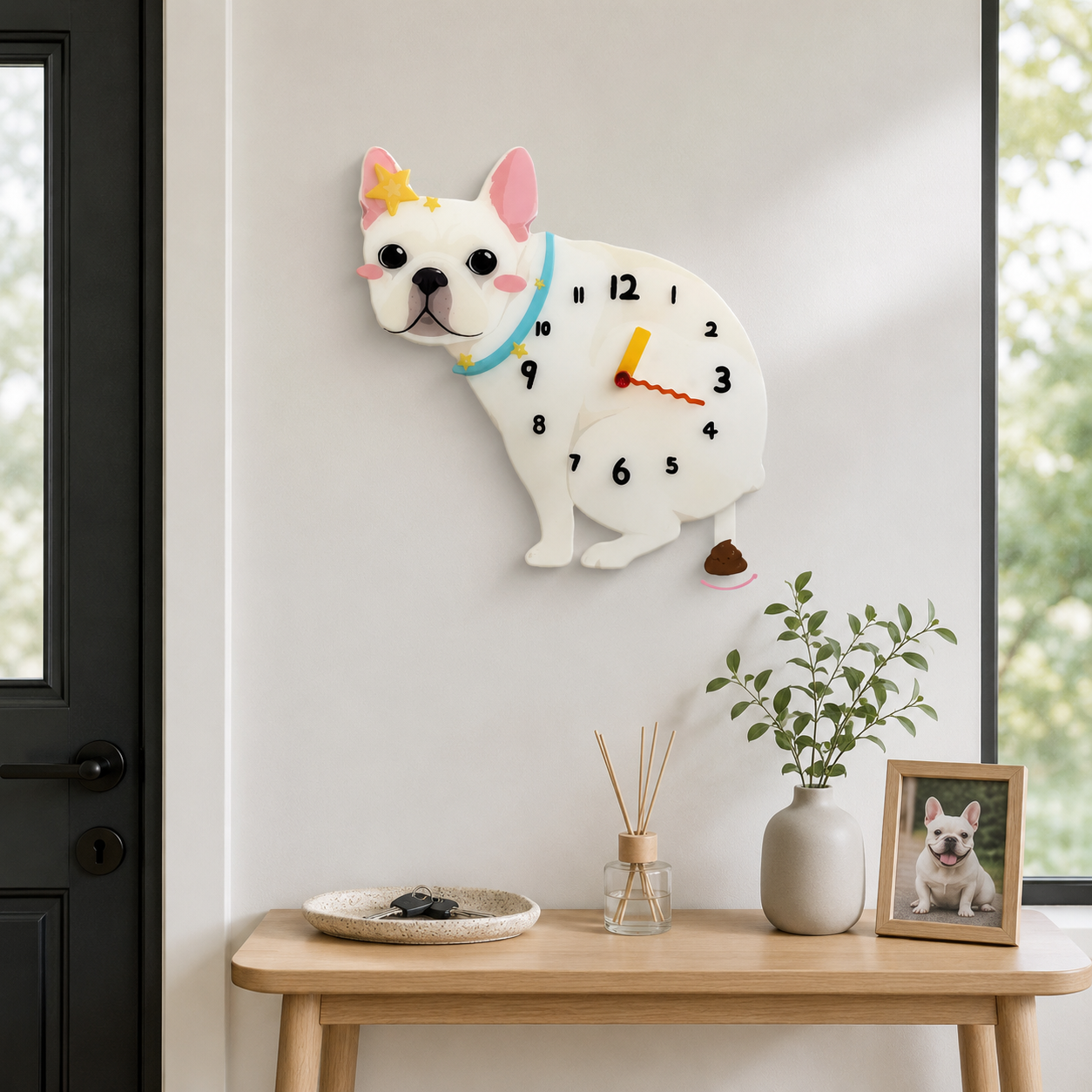 Cream French Bulldog funny dog wall clock lifestyle decor scene