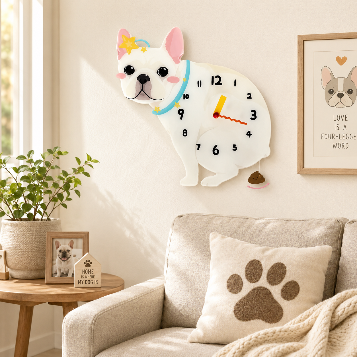 Cream French Bulldog acrylic dog clock with playful pendulum room mockup