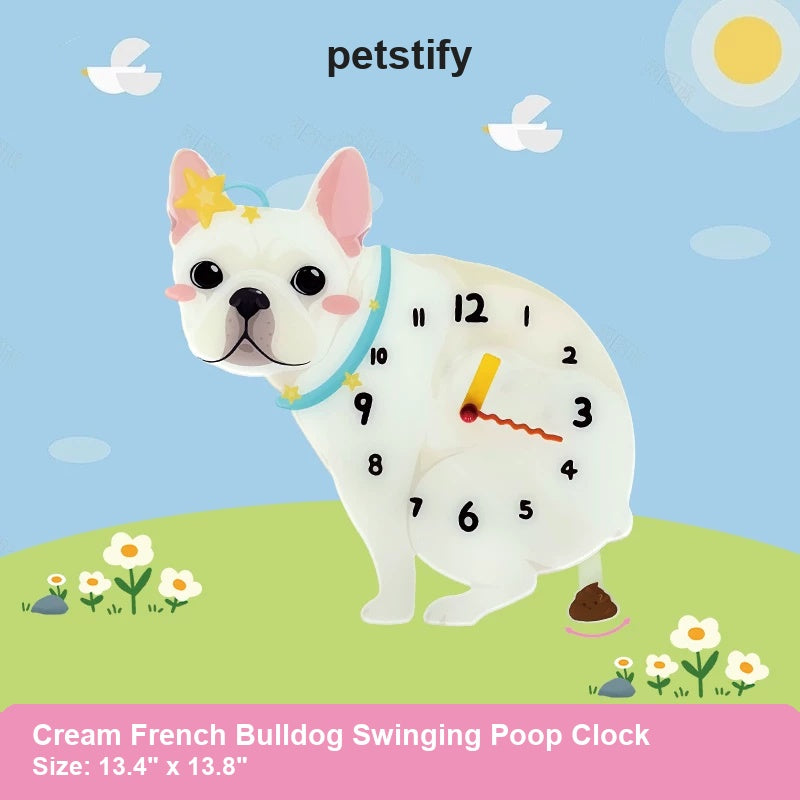 Cream French Bulldog Wall Clock with Swinging Poop Pendulum detail showing clock hands and swinging poop pendulum
