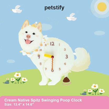 Cream Native Spitz Petstify dog wall clock product artwork with swinging poop pendulum