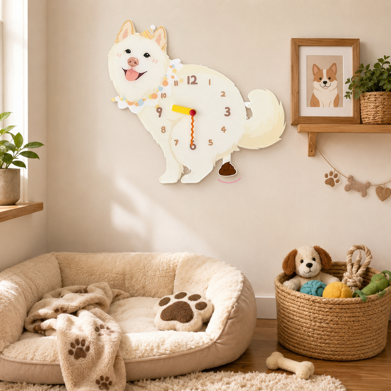 Cream Native Spitz acrylic dog clock with playful pendulum room mockup