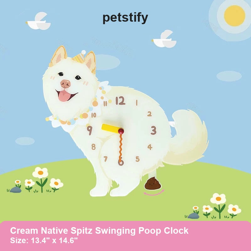 Cream Native Spitz Wall Clock with Swinging Poop Pendulum detail showing clock hands and swinging poop pendulum