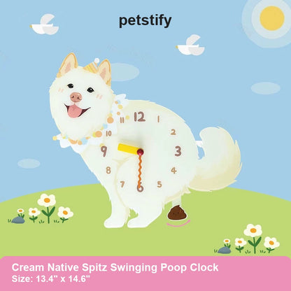 Cream Native Spitz Petstify dog wall clock with swinging poop pendulum