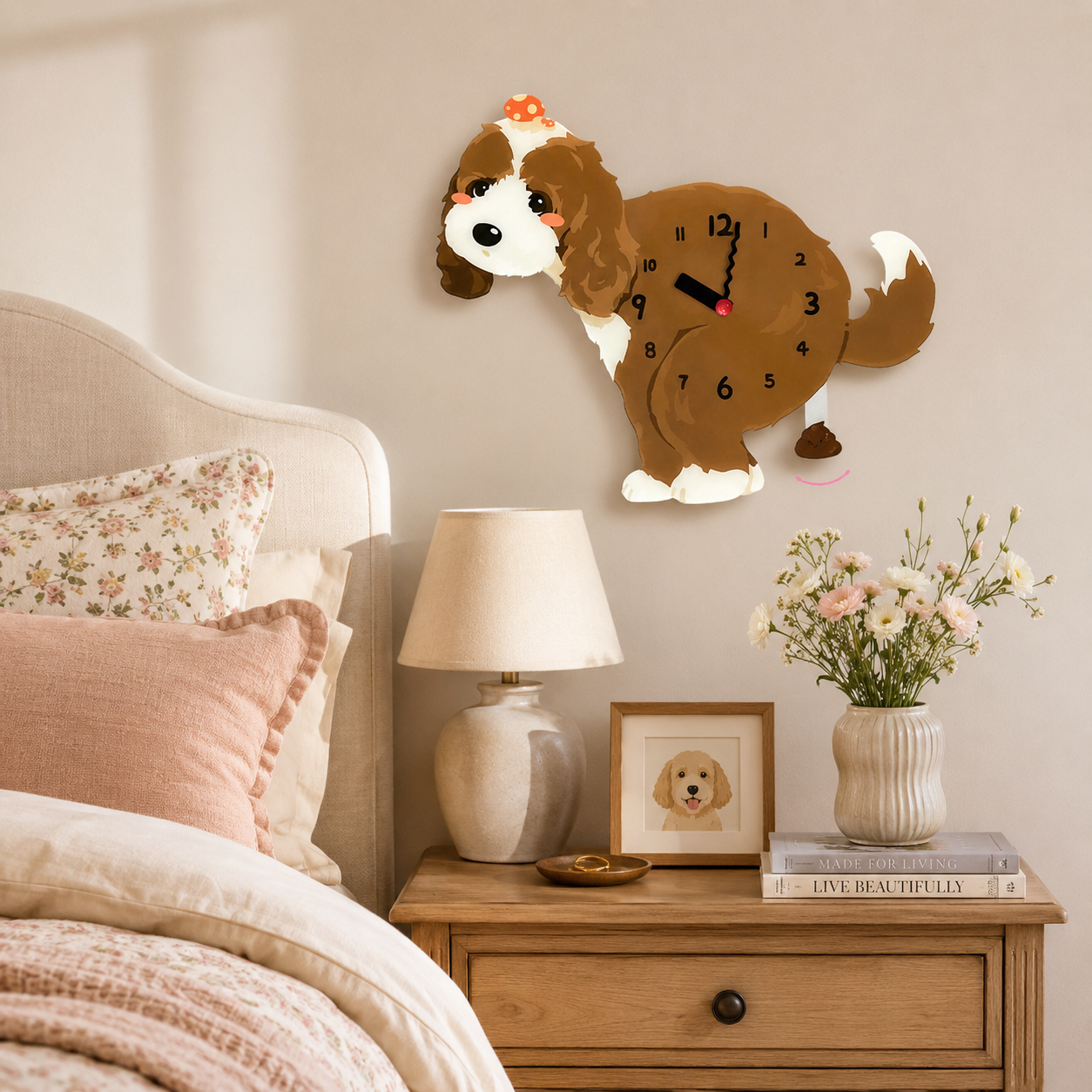 Dark Cockapoo wall clock with swinging poop pendulum in a cozy room scene