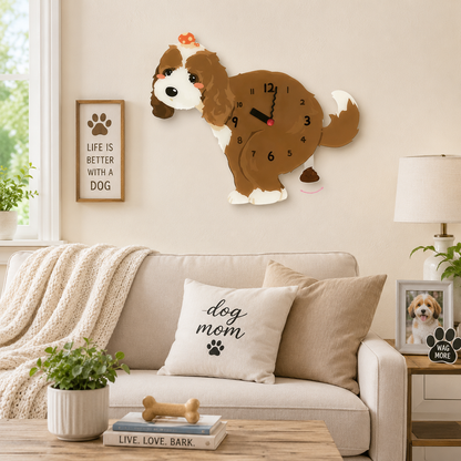 Dark Cockapoo acrylic dog clock with playful pendulum room mockup
