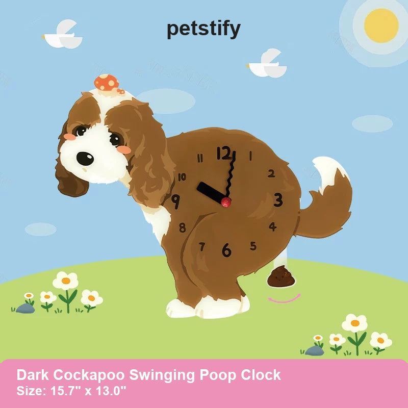 Dark Cockapoo Wall Clock with Swinging Poop Pendulum detail showing clock hands and swinging poop pendulum