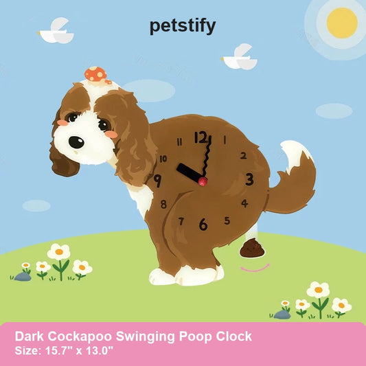 Dark Cockapoo illustration on a Petstify wall clock with a swinging pendulum below