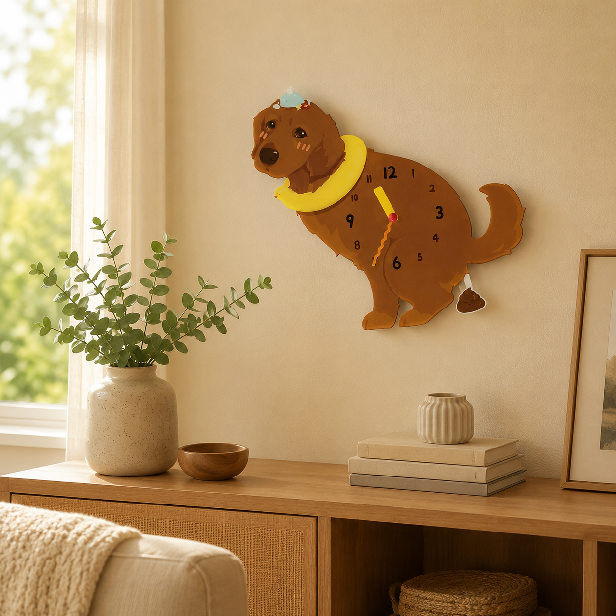Dark Golden Retriever wall clock with swinging poop pendulum in a cozy room scene