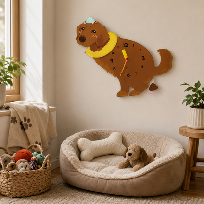 Dark Golden Retriever acrylic dog clock with playful pendulum room mockup