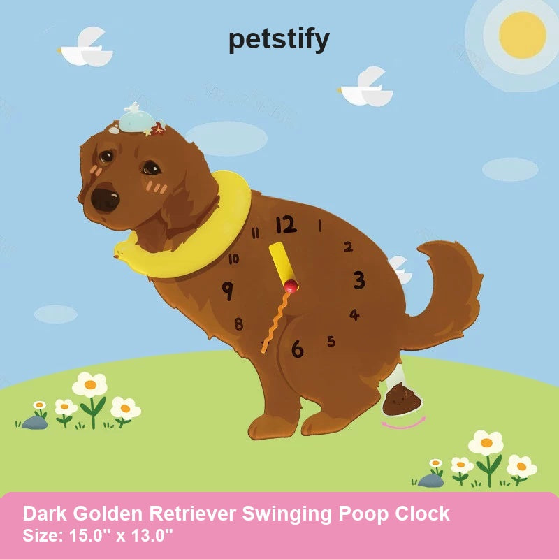 Dark Golden Retriever Wall Clock with Swinging Poop Pendulum detail showing clock hands and swinging poop pendulum