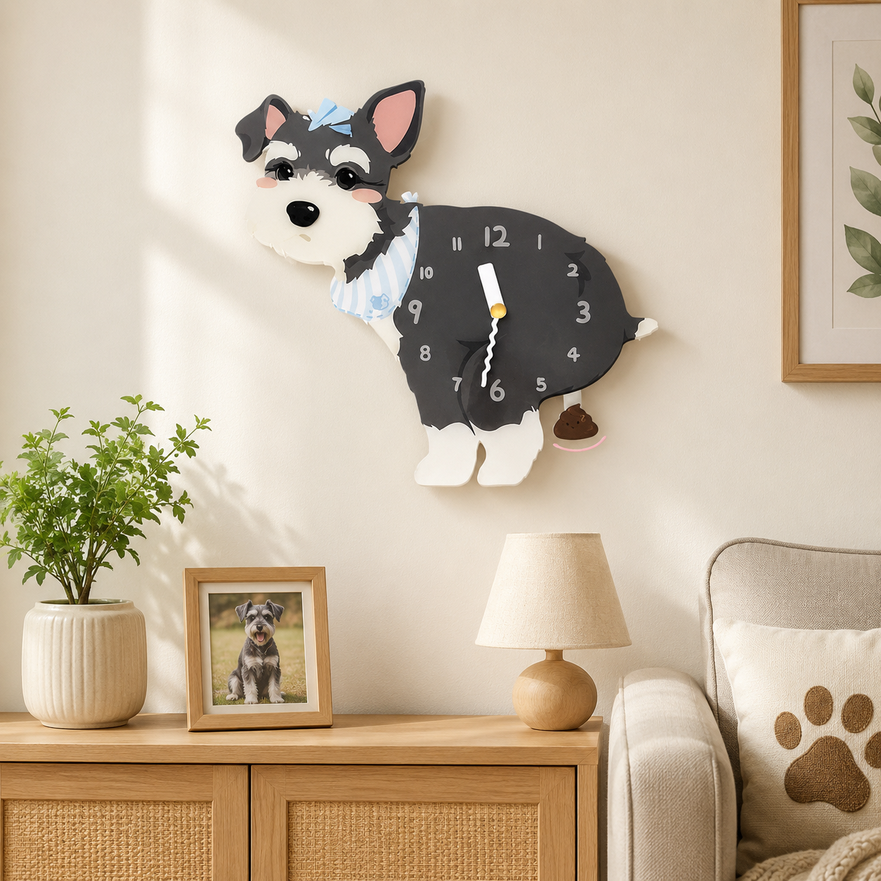 Dark Schnauzer wall clock with swinging poop pendulum in a cozy room scene