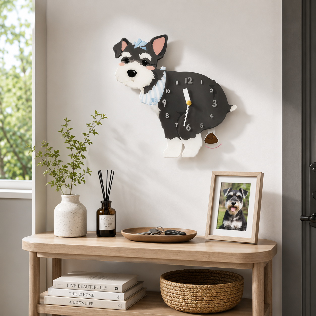 Dark Schnauzer acrylic dog clock with playful pendulum room mockup