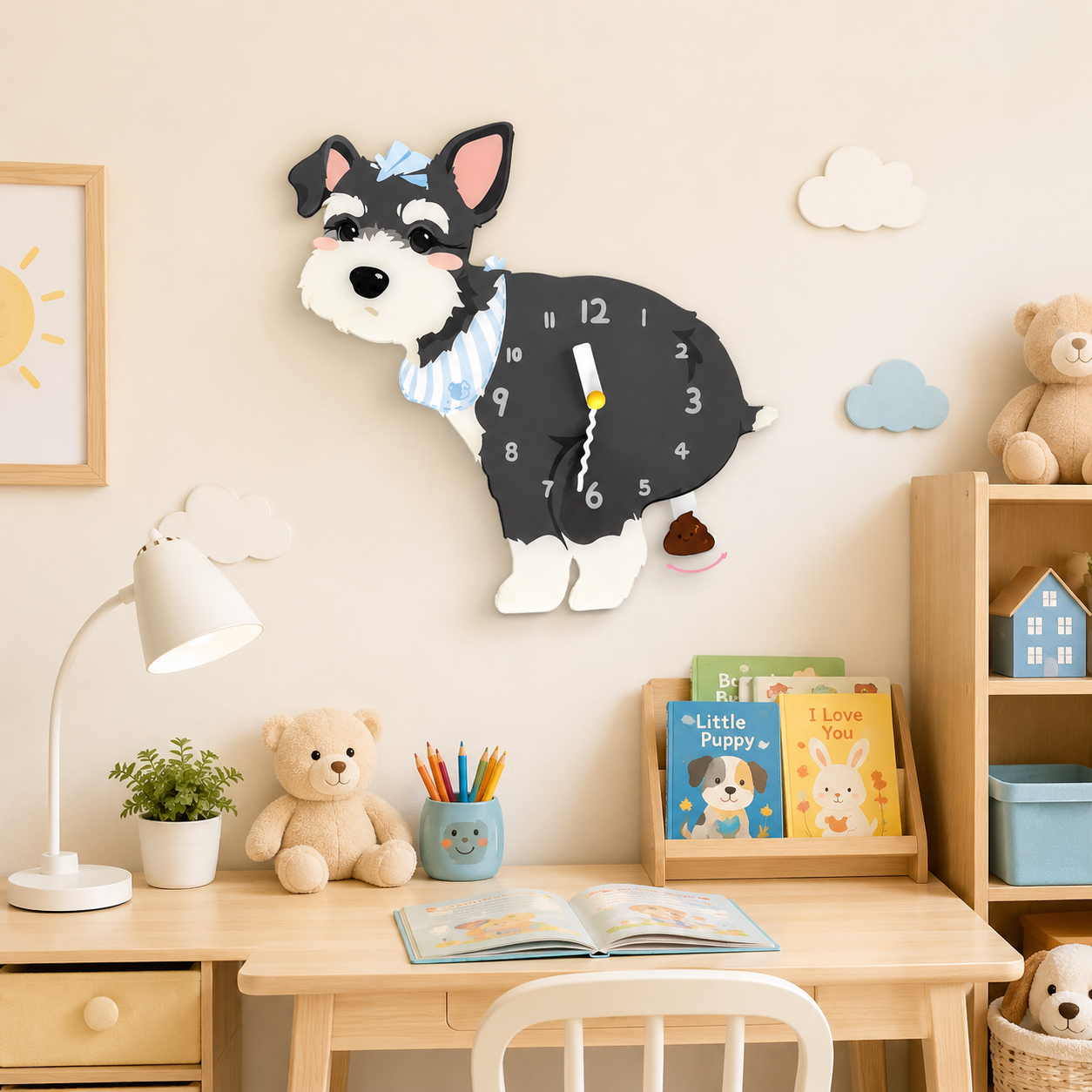 Schnauzer dog lover gift wall clock with swinging poop pendulum home decor