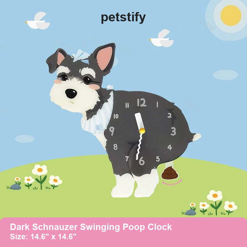 Dark Schnauzer Wall Clock with Swinging Poop Pendulum detail showing clock hands and swinging poop pendulum