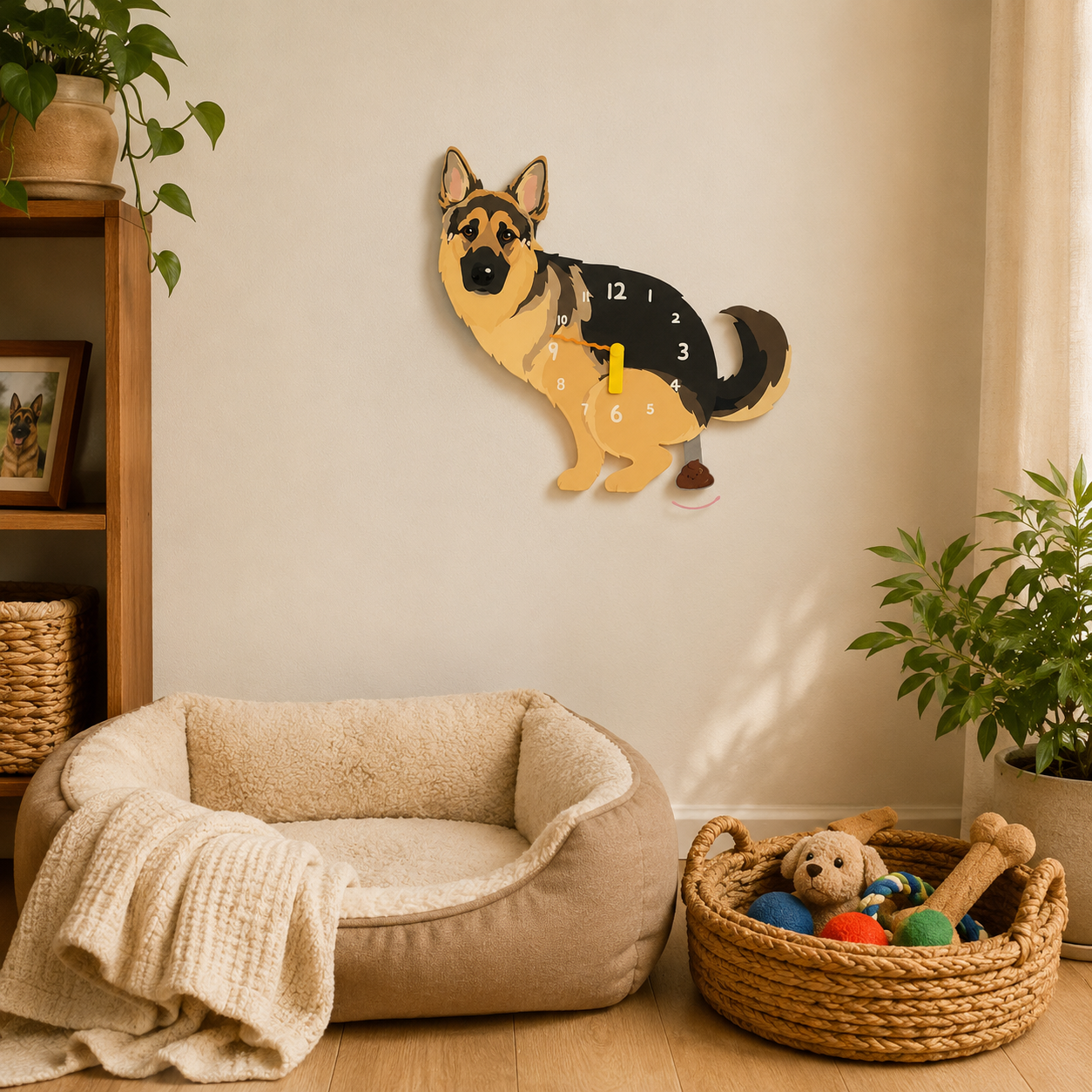 German Shepherd acrylic dog clock with playful pendulum room mockup