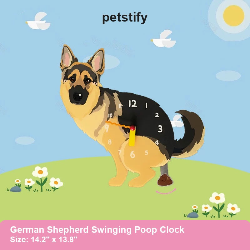 German Shepherd Wall Clock with Swinging Poop Pendulum detail showing clock hands and swinging poop pendulum