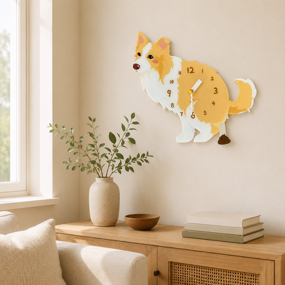 Golden Border Collie wall clock with swinging poop pendulum in a cozy room scene