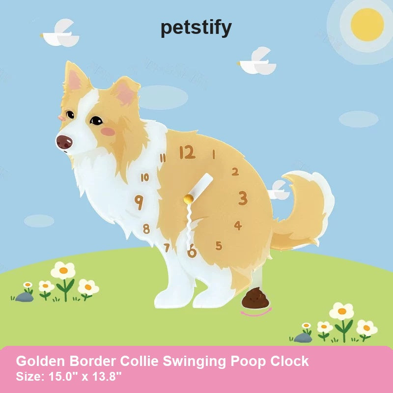 Golden Border Collie Wall Clock with Swinging Poop Pendulum detail showing clock hands and swinging poop pendulum