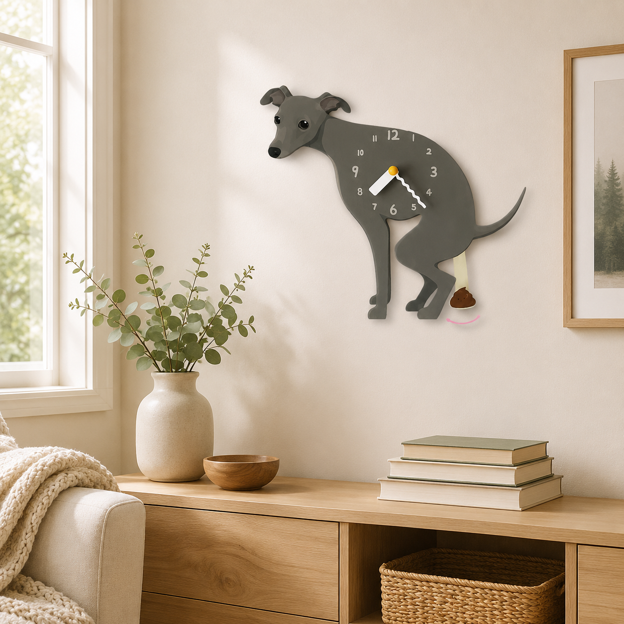 Gray Greyhound wall clock with swinging poop pendulum in a cozy room scene
