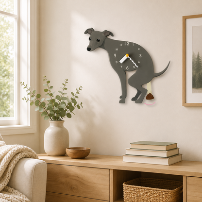 Gray Greyhound wall clock with swinging poop pendulum in a cozy room scene
