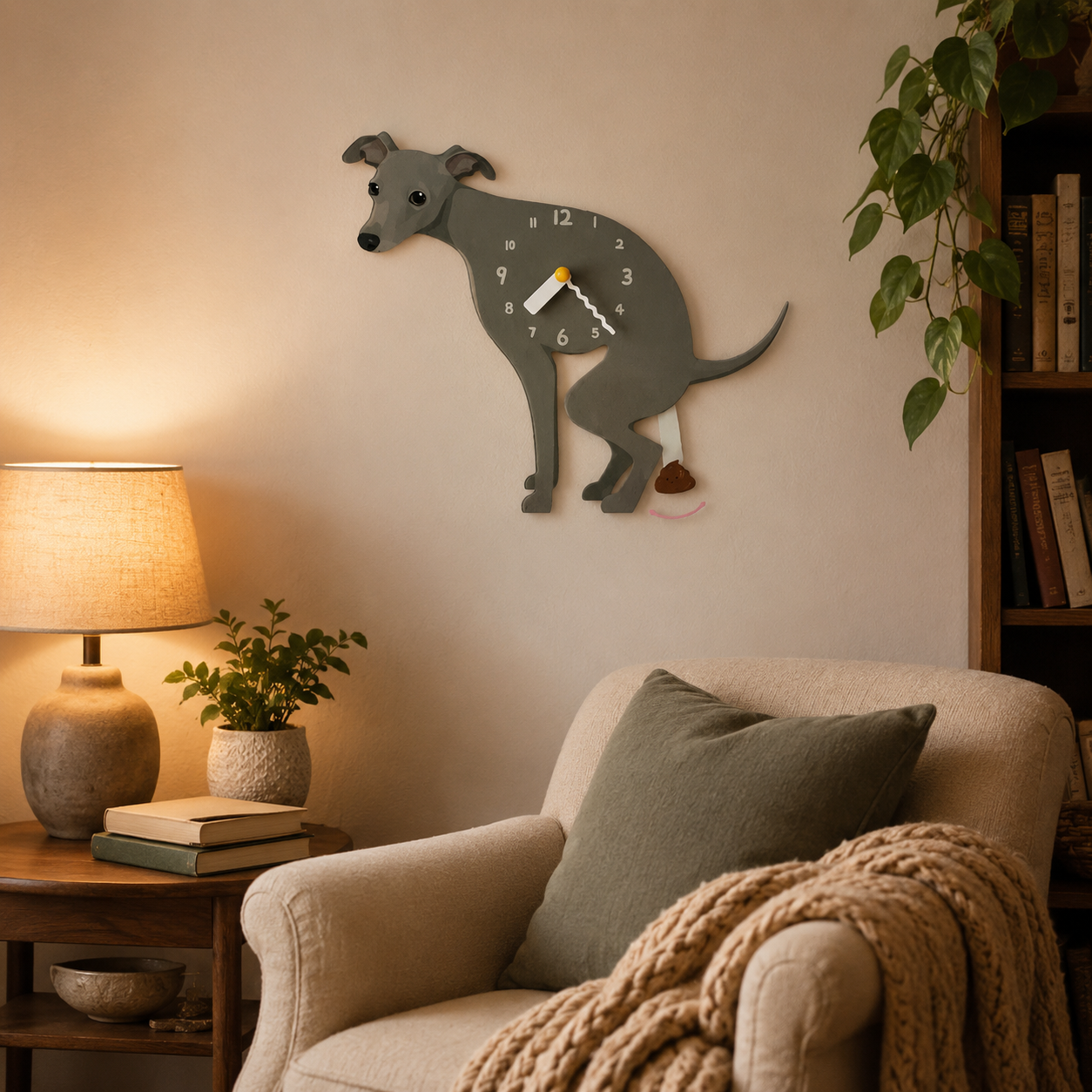 Greyhound dog lover gift wall clock with swinging poop pendulum home decor