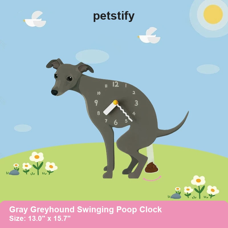 Gray Greyhound Wall Clock with Swinging Poop Pendulum detail showing clock hands and swinging poop pendulum
