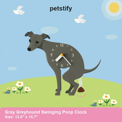 Gray Greyhound Petstify dog wall clock with swinging poop pendulum