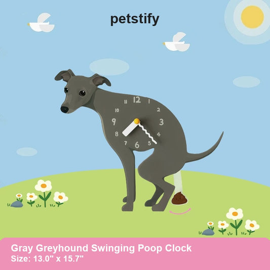 Gray Greyhound illustration on a Petstify wall clock with a swinging pendulum below