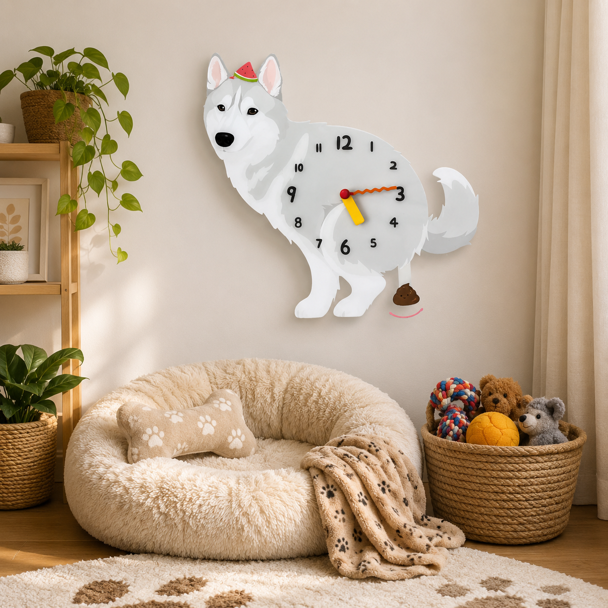 Gray Husky acrylic dog clock with playful pendulum room mockup