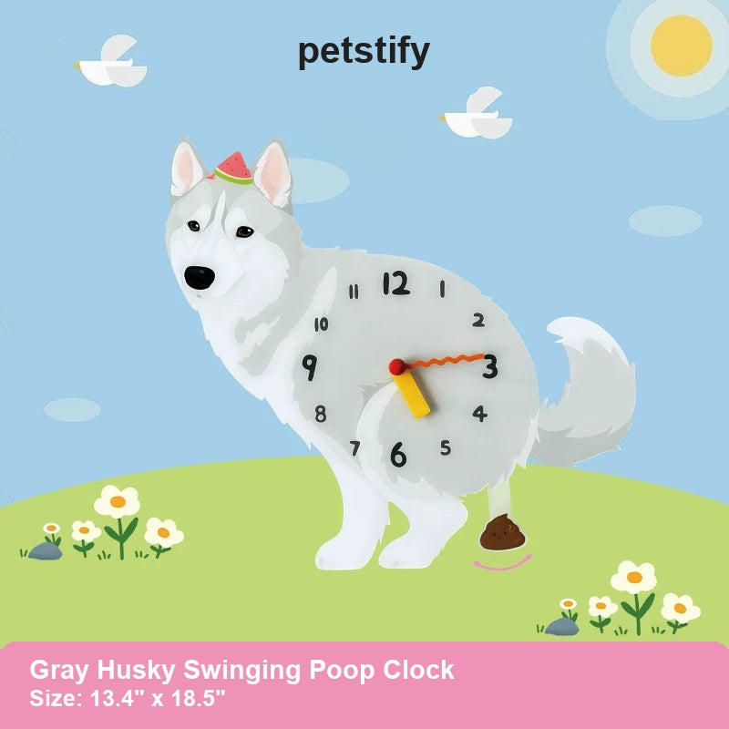 Gray Husky Wall Clock with Swinging Poop Pendulum detail showing clock hands and swinging poop pendulum
