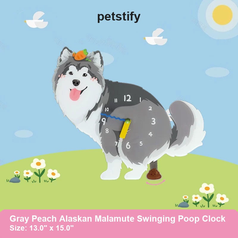 Gray Peach Alaskan Malamute Wall Clock with Swinging Poop Pendulum detail showing clock hands and swinging poop pendulum