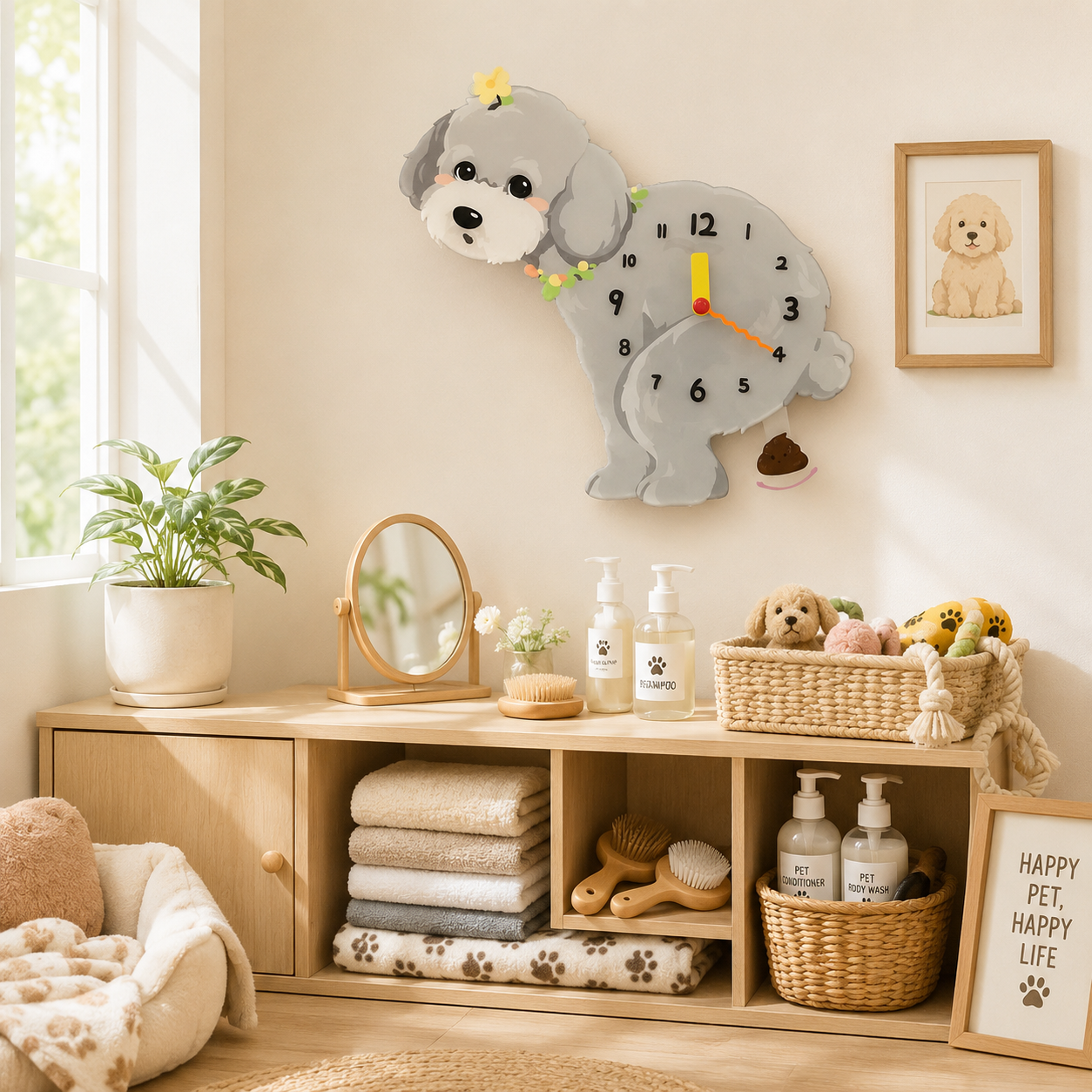 Gray Teddy Poodle Wall Clock with Swinging Poop Pendulum styled as funny dog wall decor