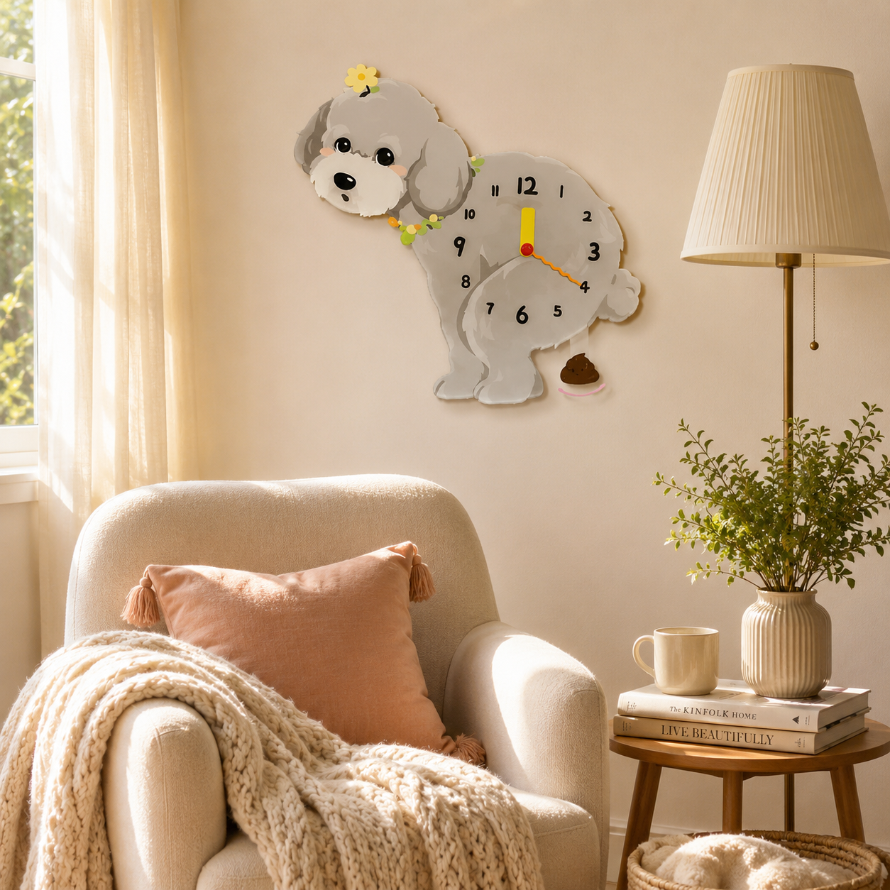 Gray Teddy Poodle acrylic dog clock with playful pendulum room mockup
