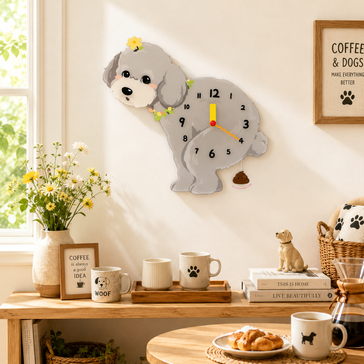 Teddy Poodle dog lover gift wall clock with swinging poop pendulum home decor